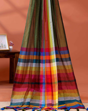 Handloom Mul Mul Cotton Saree with Vertical Stripe Pattern and Decorative Tassels - Green