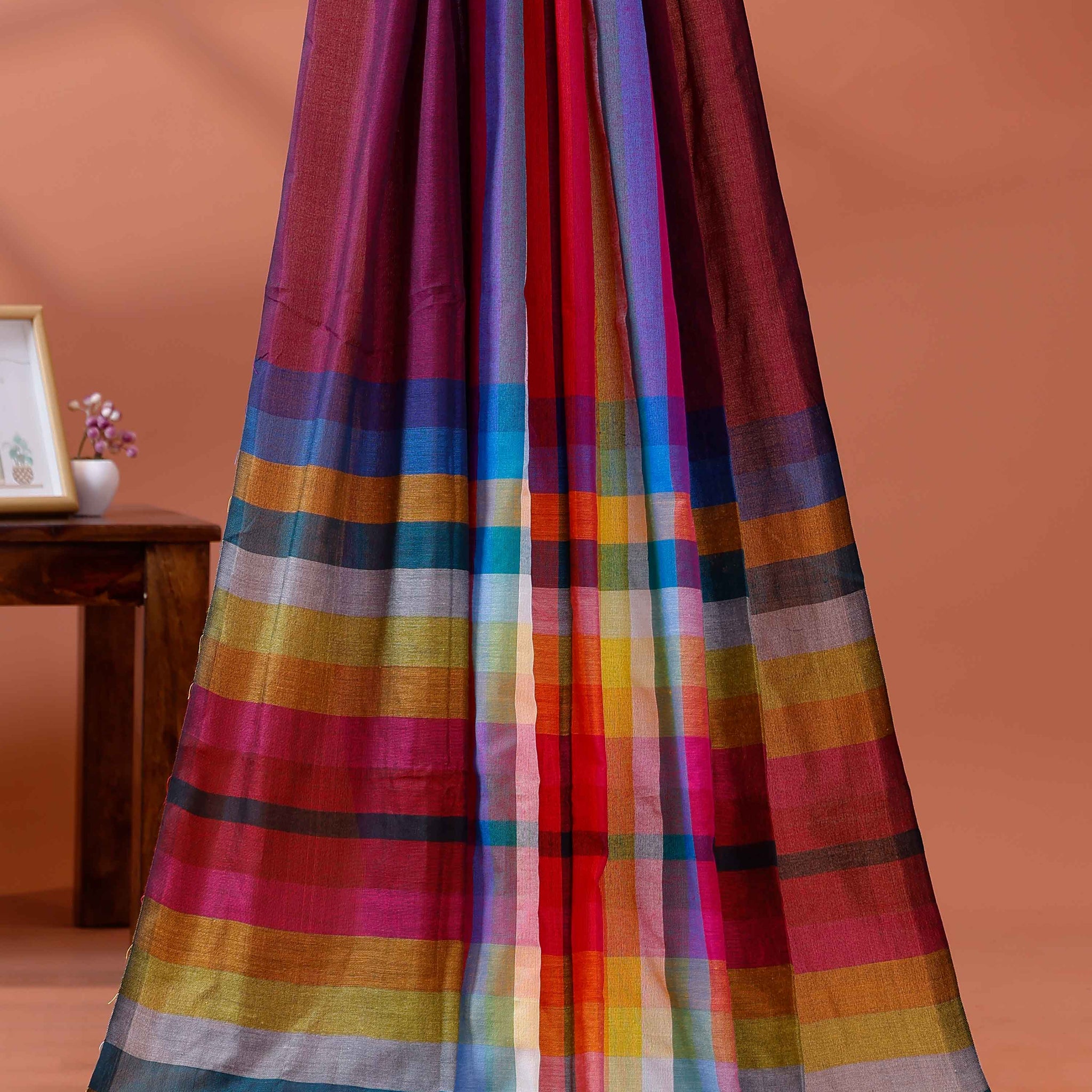 Handloom Mul Mul Cotton Saree with Vertical Stripe Pattern and Decorative Tassels - Dark Purple