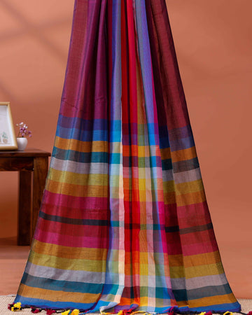 Handloom Mul Mul Cotton Saree with Vertical Stripe Pattern and Decorative Tassels - Dark Purple