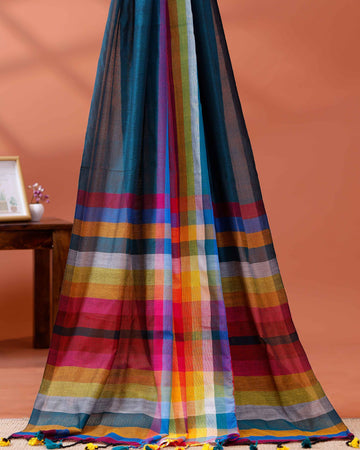 Handloom Mul Mul Cotton Saree with Vertical Stripe Pattern and Decorative Tassels - Teal