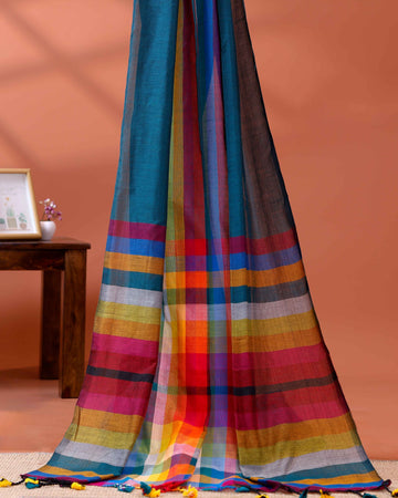 Handloom Mul Mul Cotton Saree with Vertical Stripe Pattern and Decorative Tassels - Teal