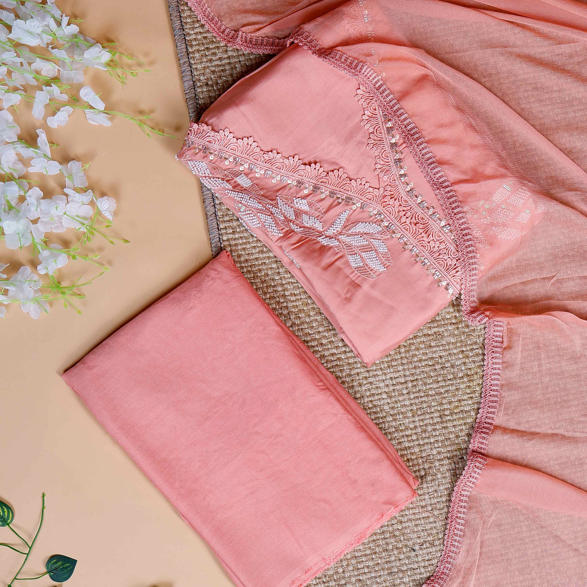Women's Unstitched Salwar Material Set with Intricate Embroidered Neckline and Lightweight Dupatta - Peach
