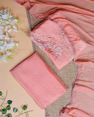 Women's Unstitched Salwar Material Set with Intricate Embroidered Neckline and Lightweight Dupatta - Peach