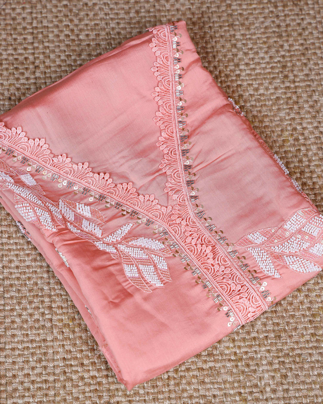 Women's Unstitched Salwar Material Set with Intricate Embroidered Neckline and Lightweight Dupatta - Peach