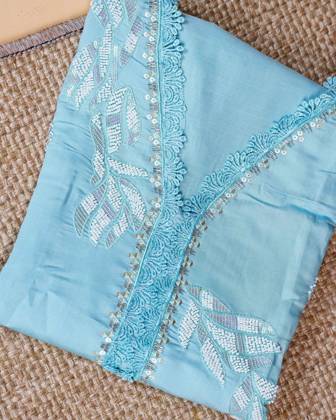 Women's Unstitched Salwar Material Set with Intricate Embroidered Neckline and Lightweight Dupatta - Blue