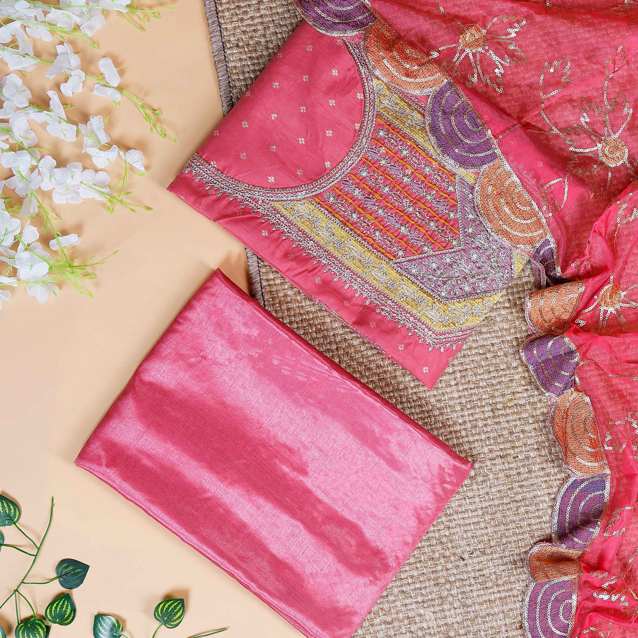 Women's Embroidered Unstitched Salwar Suit Material with Embellished Dupatta  - Pink