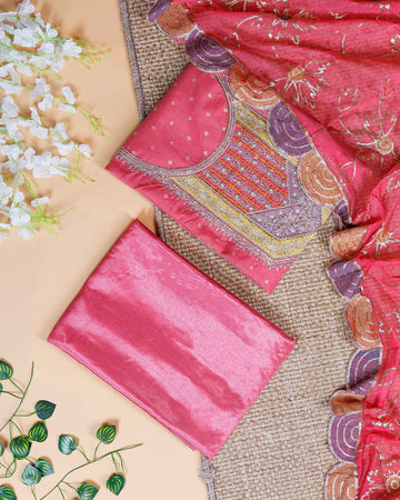 Women's Embroidered Unstitched Salwar Suit Material with Embellished Dupatta  - Pink