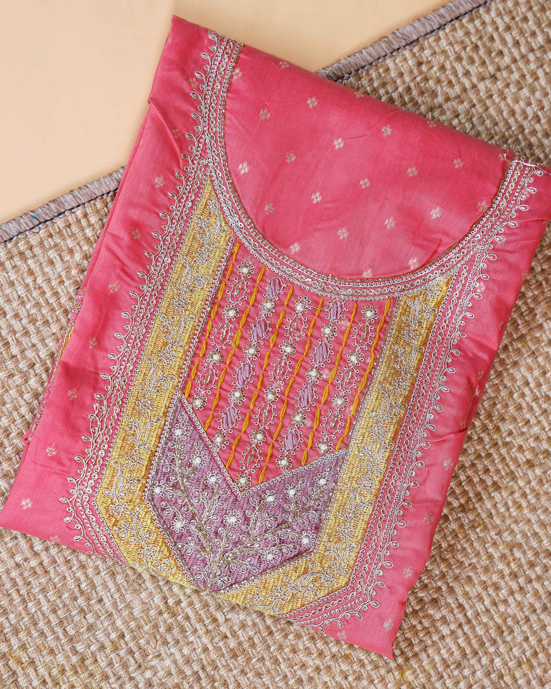 Women's Embroidered Unstitched Salwar Suit Material with Embellished Dupatta  - Pink