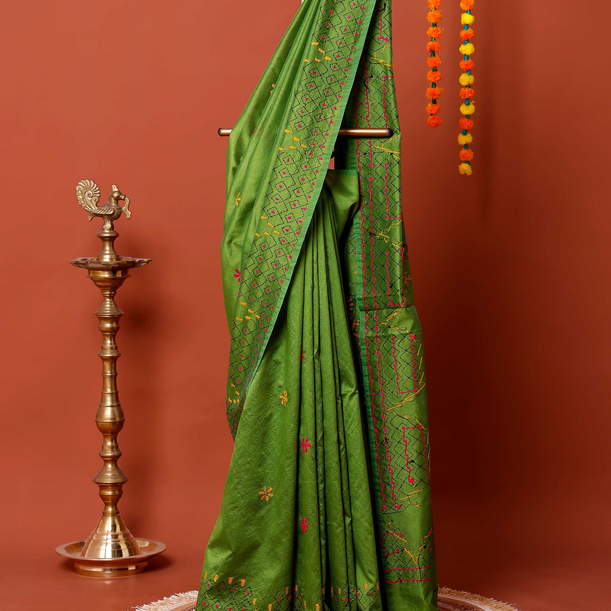Elegant Kantha Work Saree with Intricate Geometric and Floral Embroidery - Green