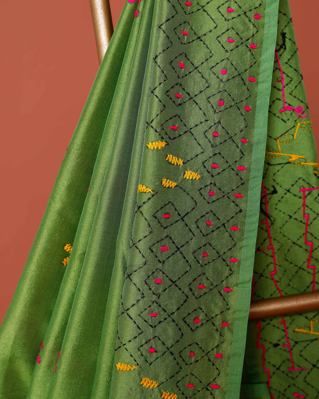 Elegant Kantha Work Saree with Intricate Geometric and Floral Embroidery - Green