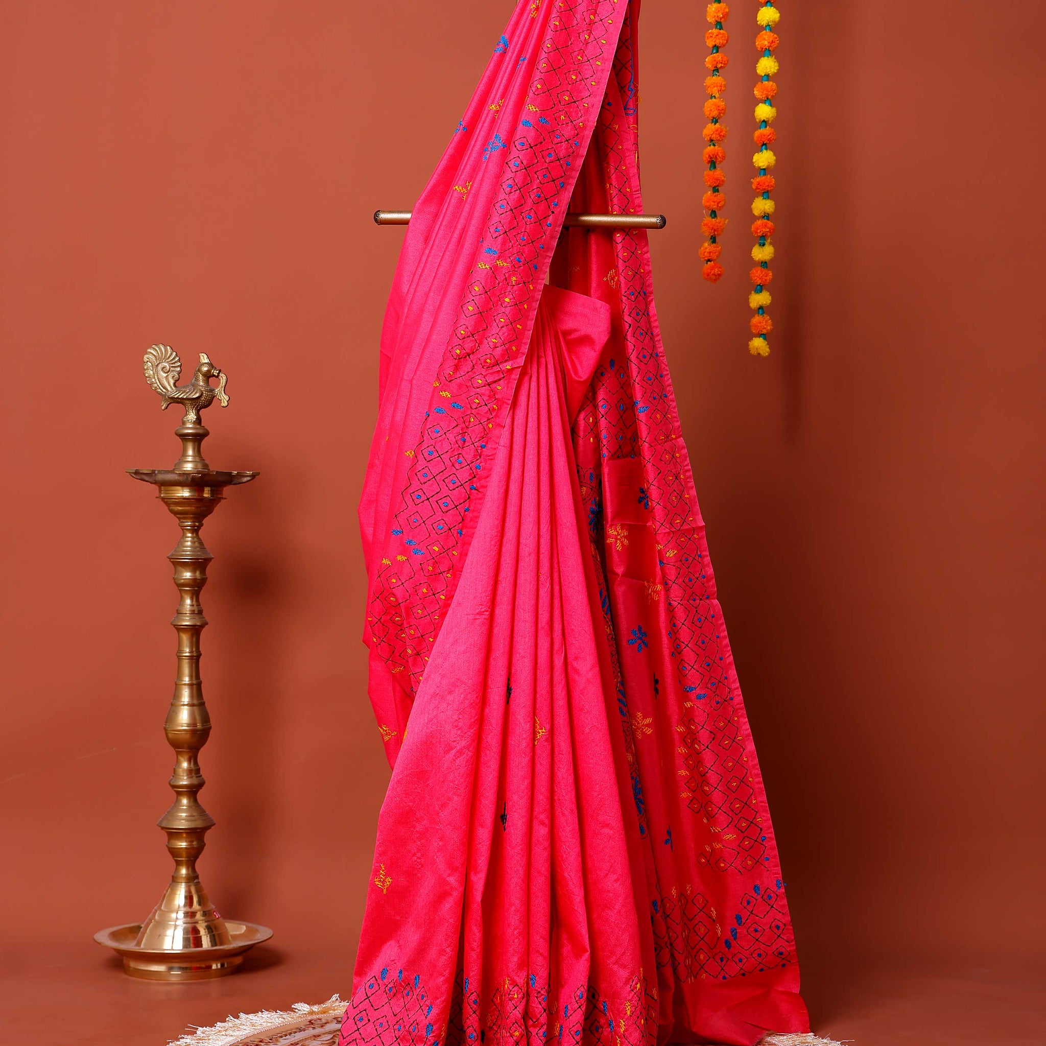 Elegant Kantha Work Saree with Intricate Geometric and Floral Embroidery - Pink