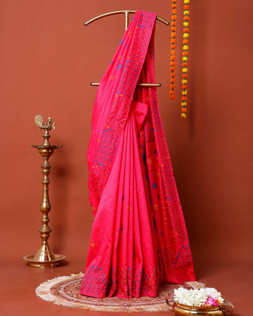 Elegant Kantha Work Saree with Intricate Geometric and Floral Embroidery - Pink