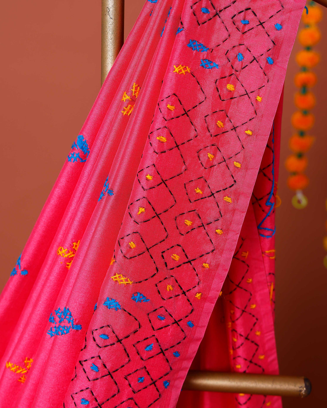 Elegant Kantha Work Saree with Intricate Geometric and Floral Embroidery - Pink
