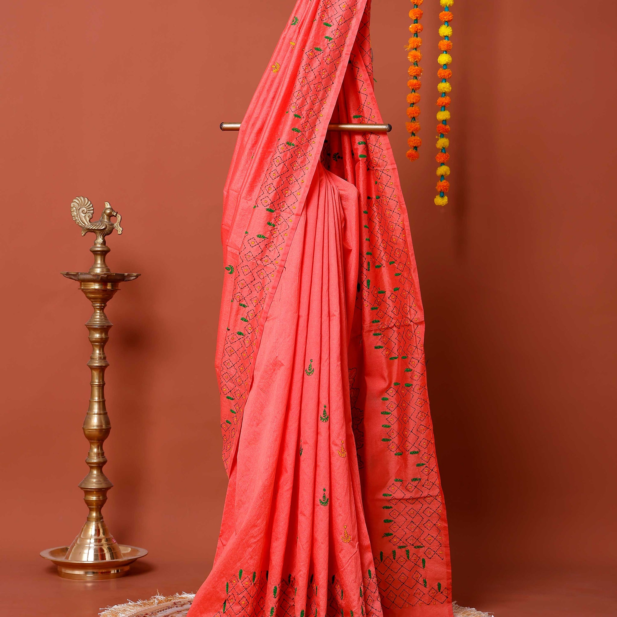 Elegant Kantha Work Saree with Intricate Geometric and Floral Embroidery - Peach