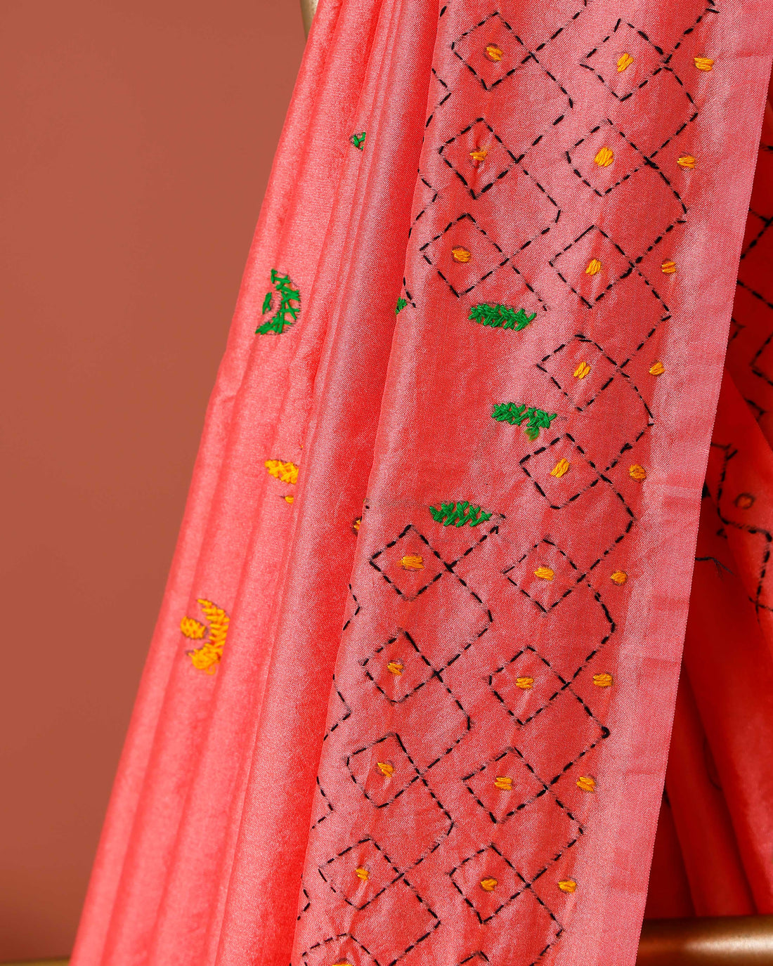Elegant Kantha Work Saree with Intricate Geometric and Floral Embroidery - Peach