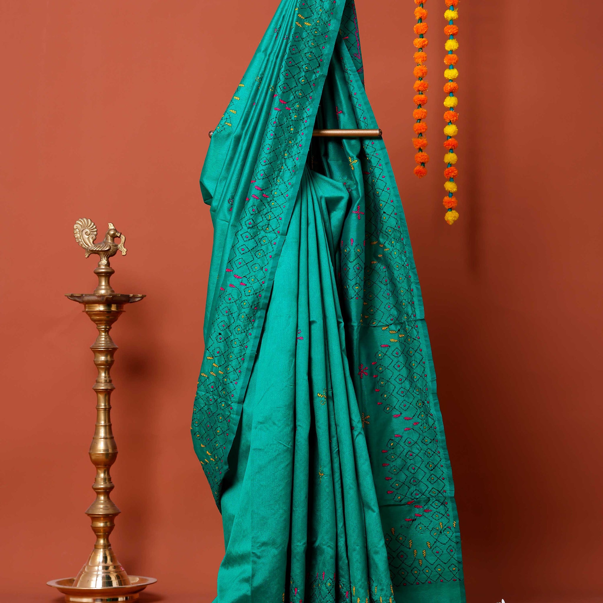 Elegant Kantha Work Saree with Intricate Geometric and Floral Embroidery - Teal