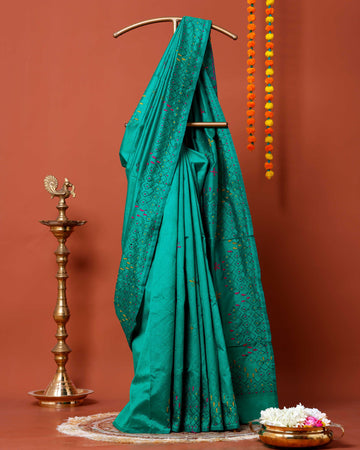Elegant Kantha Work Saree with Intricate Geometric and Floral Embroidery - Teal