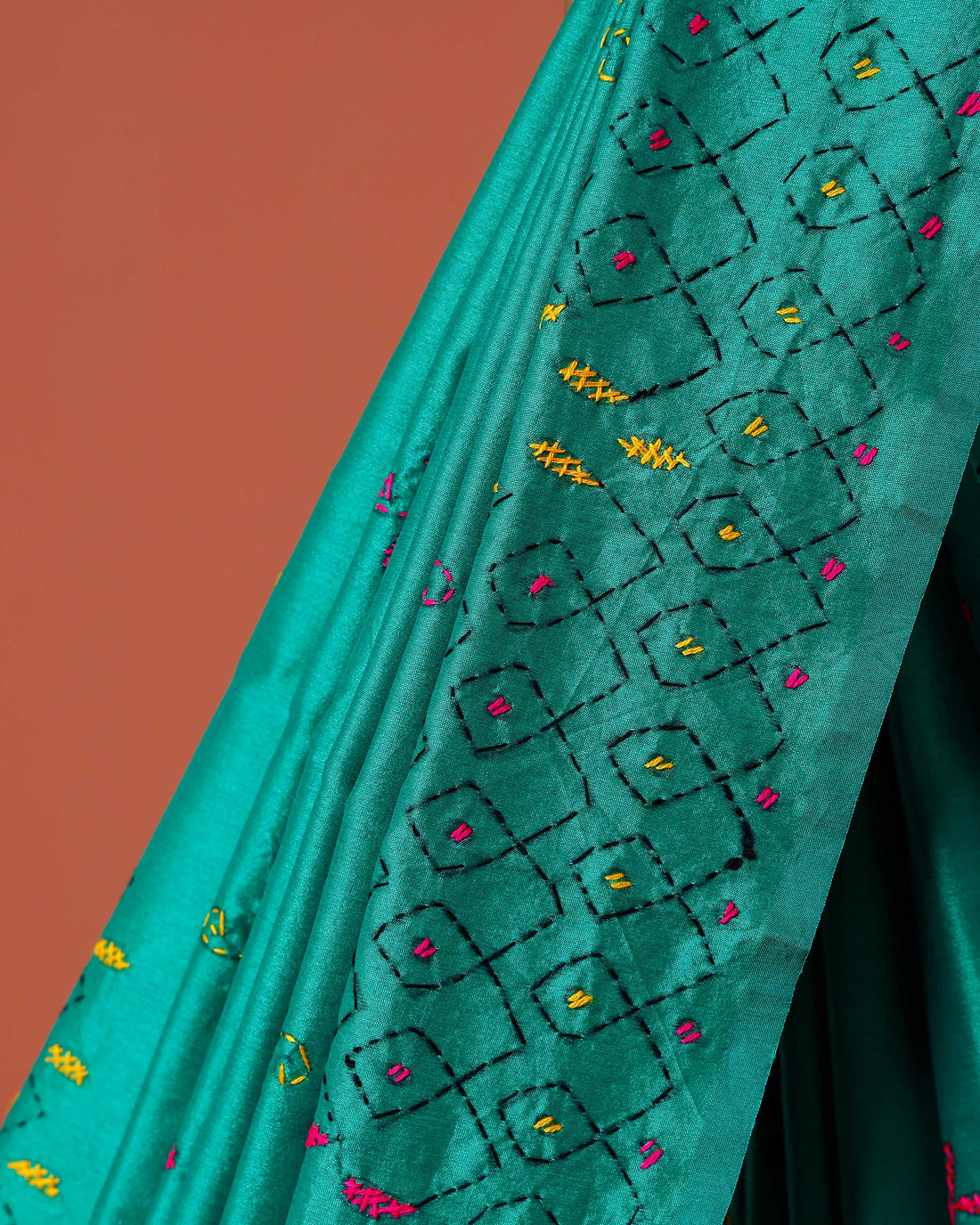 Elegant Kantha Work Saree with Intricate Geometric and Floral Embroidery - Teal
