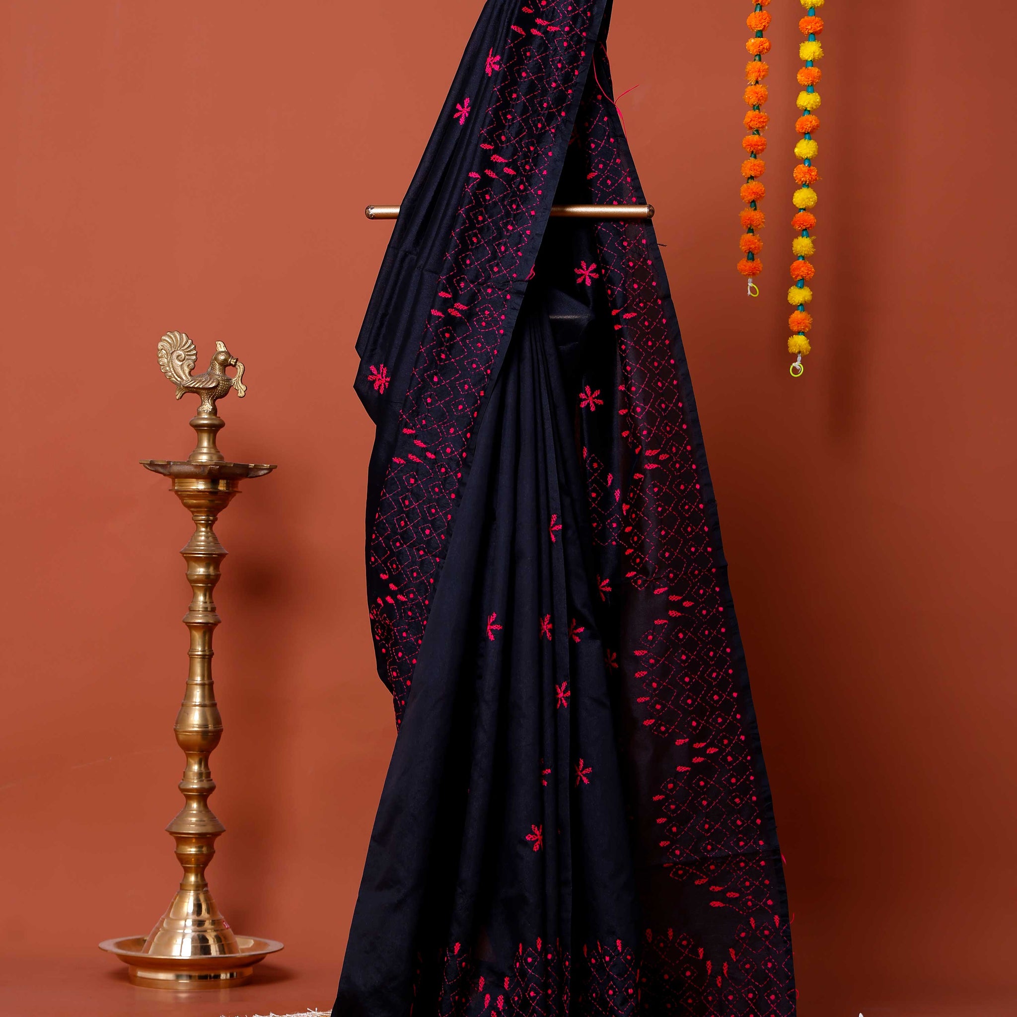 Elegant Kantha Work Saree with Intricate Geometric and Floral Embroidery - Black