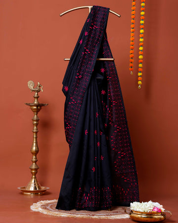 Elegant Kantha Work Saree with Intricate Geometric and Floral Embroidery - Black