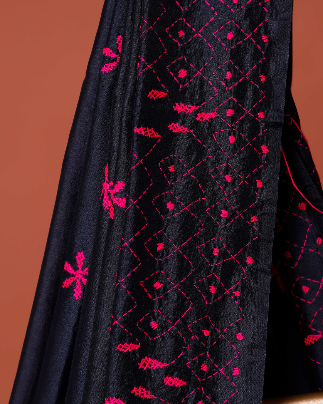 Elegant Kantha Work Saree with Intricate Geometric and Floral Embroidery - Black