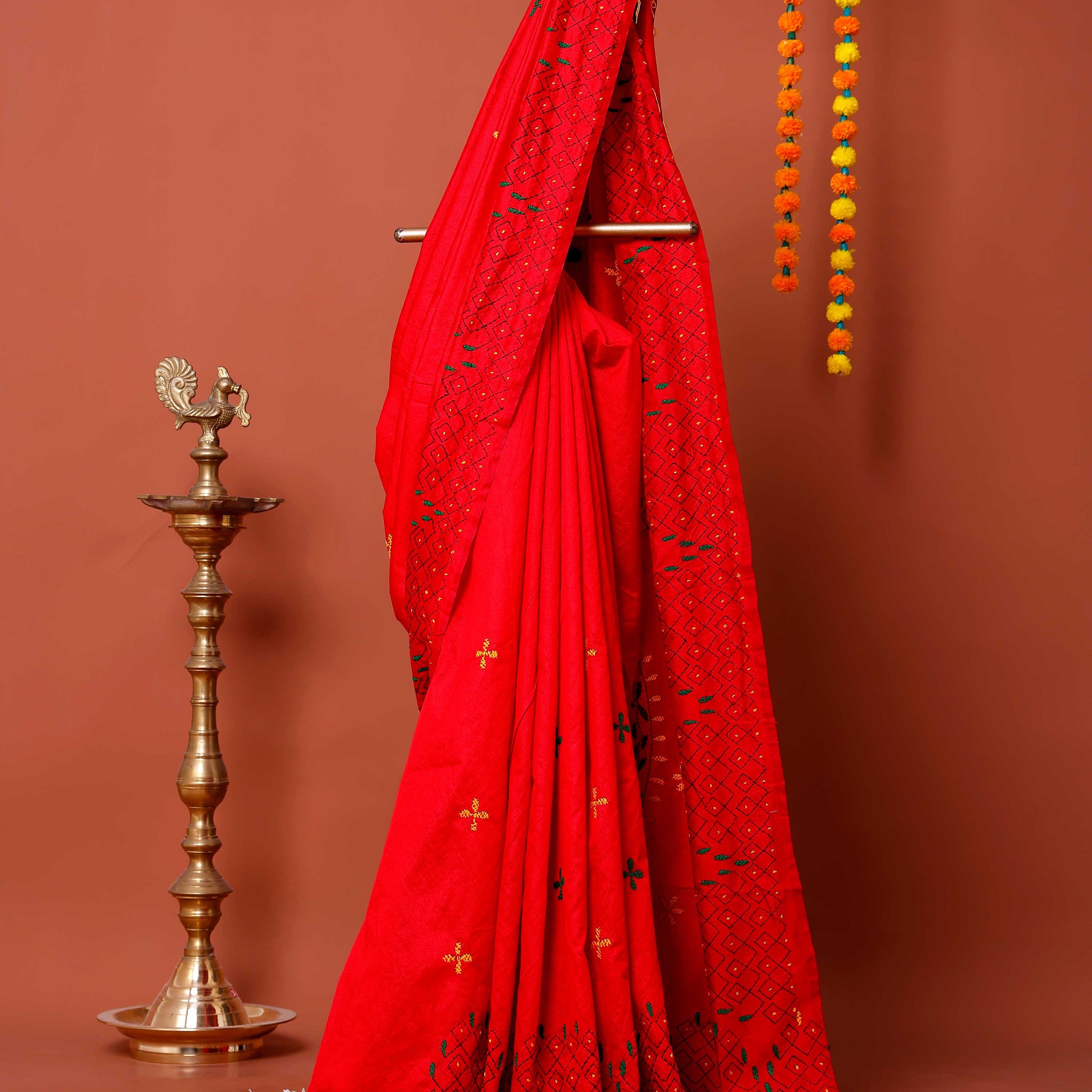 Elegant Kantha Work Saree with Intricate Geometric and Floral Embroidery - Red