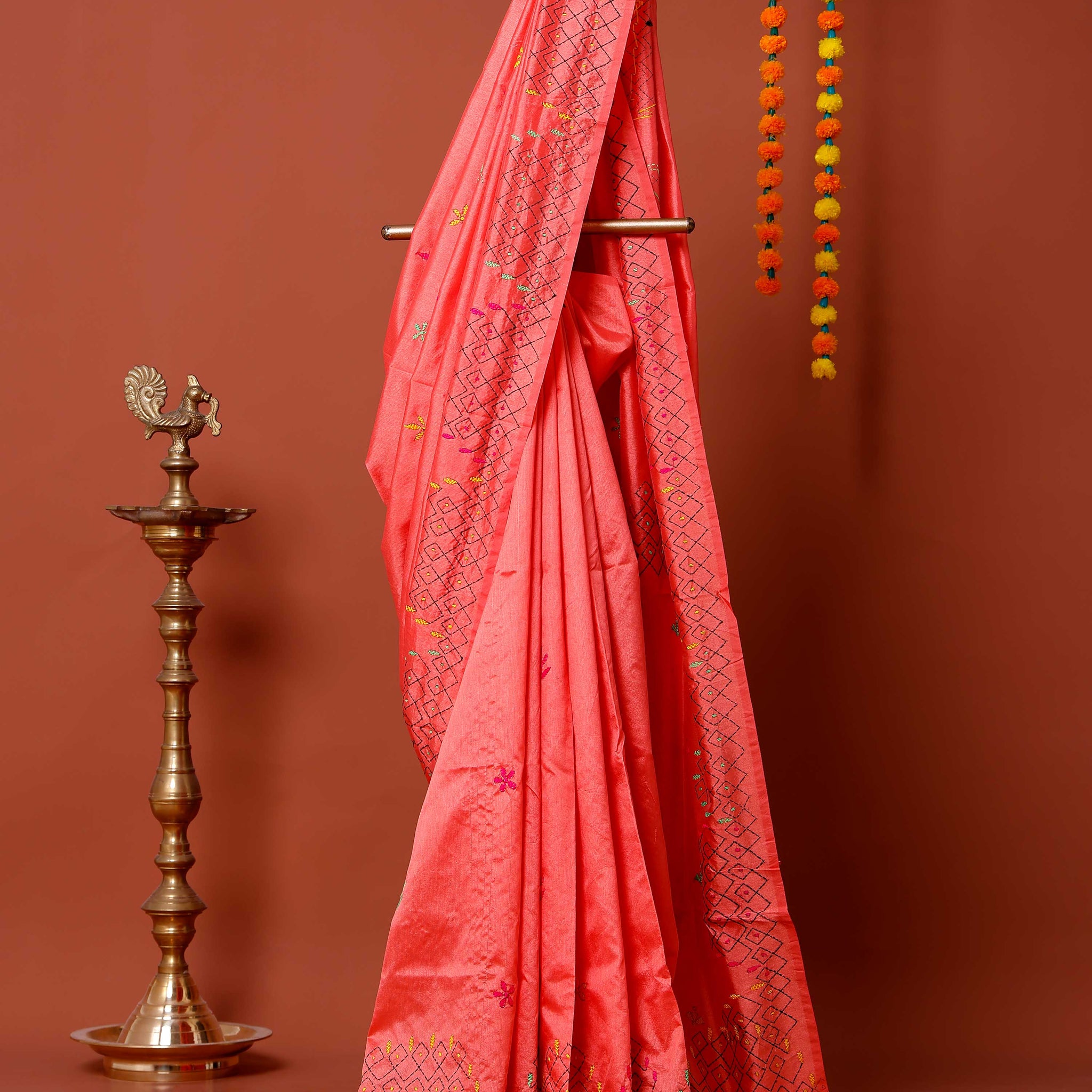 Elegant Kantha Work Saree with Intricate Geometric and Floral Embroidery - Peach