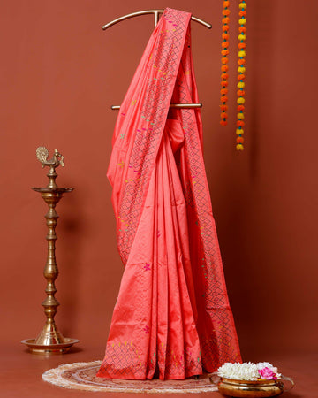 Elegant Kantha Work Saree with Intricate Geometric and Floral Embroidery - Peach