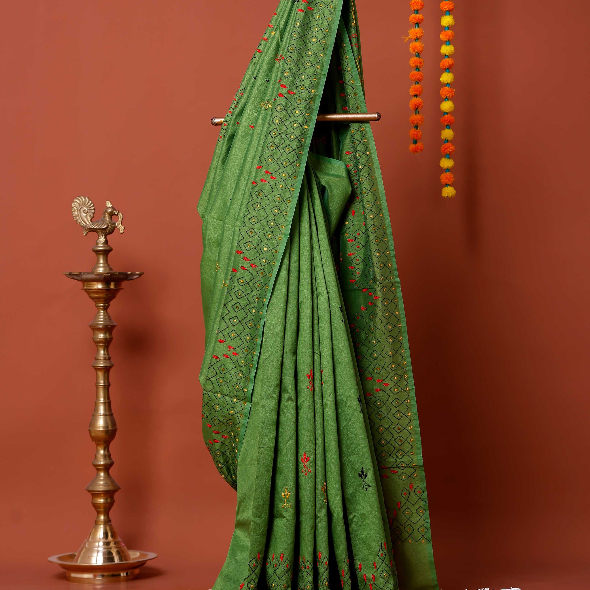 Elegant Kantha Work Saree with Intricate Geometric and Floral Embroidery - Green