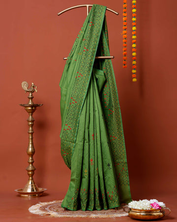 Elegant Kantha Work Saree with Intricate Geometric and Floral Embroidery - Green