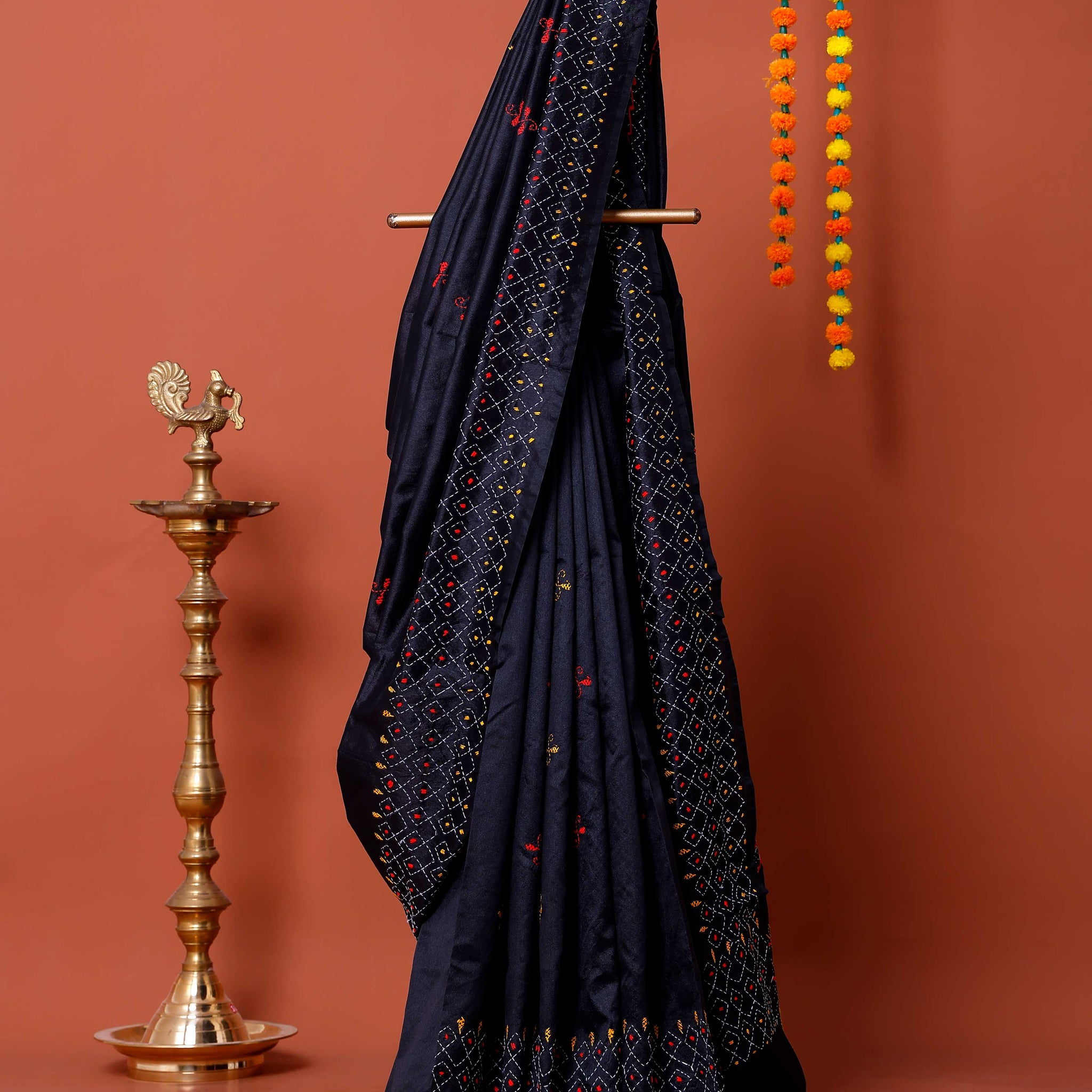 Elegant Kantha Work Saree with Intricate Geometric and Floral Embroidery - Black