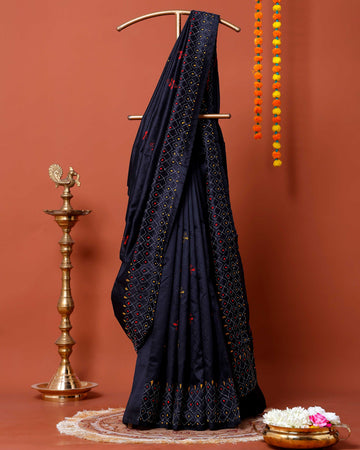 Elegant Kantha Work Saree with Intricate Geometric and Floral Embroidery - Black