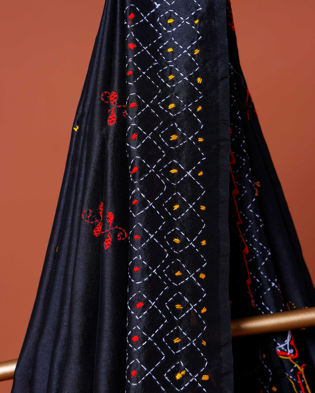Elegant Kantha Work Saree with Intricate Geometric and Floral Embroidery - Black