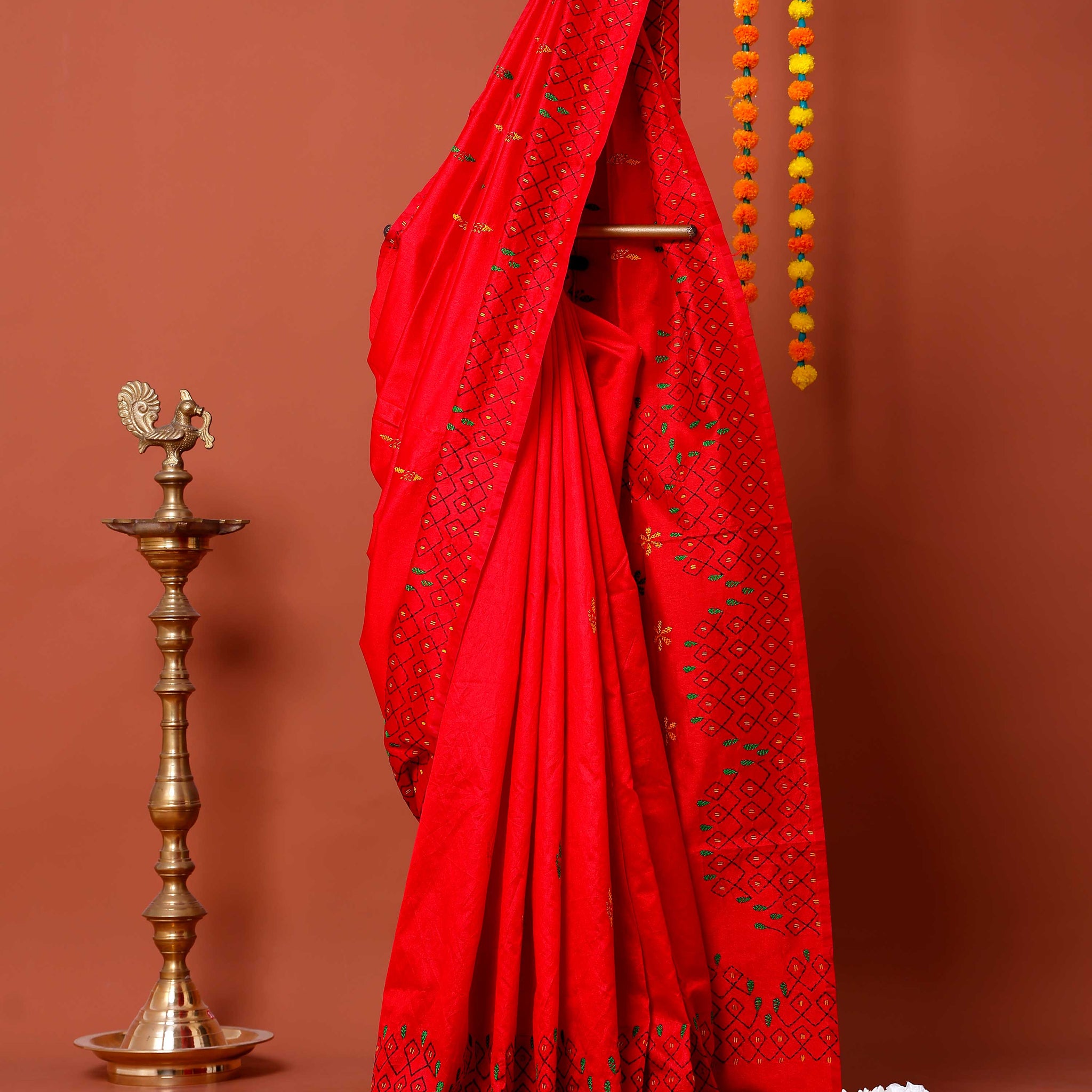 Elegant Kantha Work Saree with Intricate Geometric and Floral Embroidery - Red