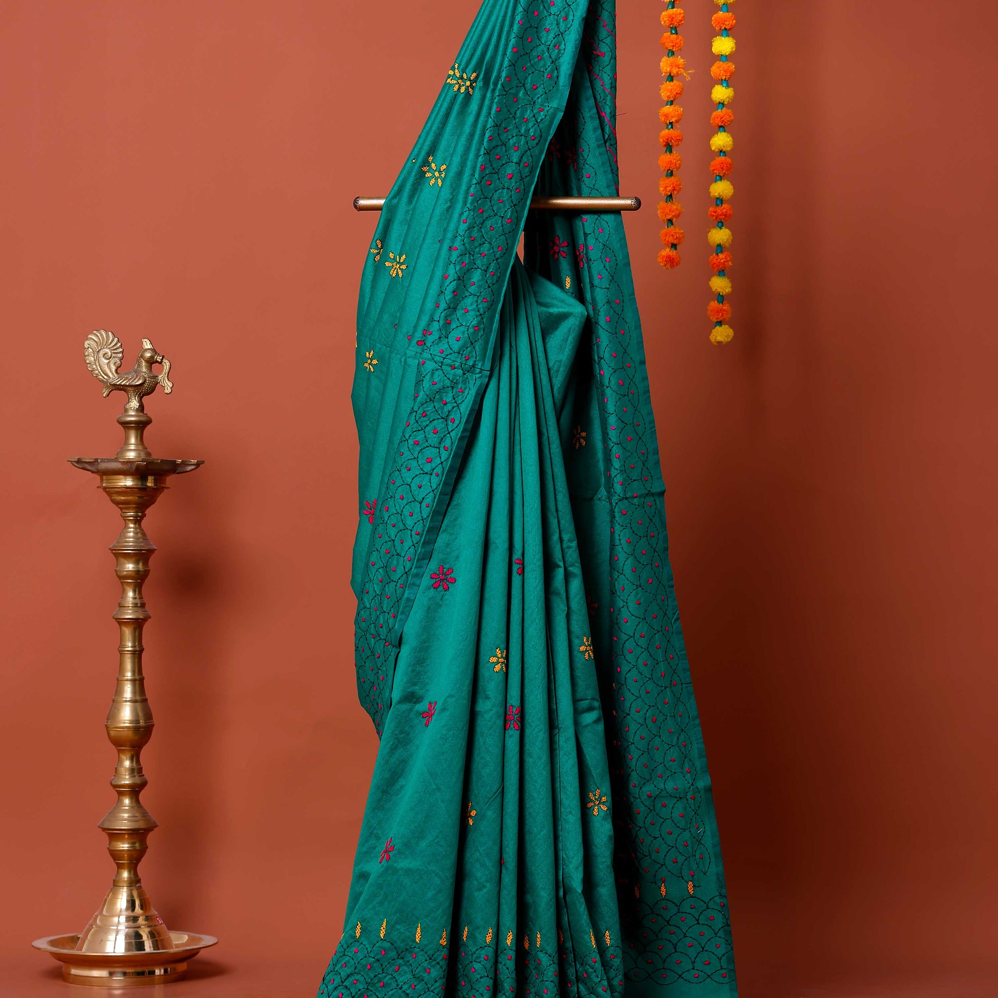 Elegant Kantha Work Saree with Intricate Geometric and Floral Embroidery - Teal
