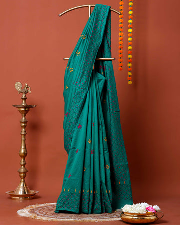 Elegant Kantha Work Saree with Intricate Geometric and Floral Embroidery - Teal