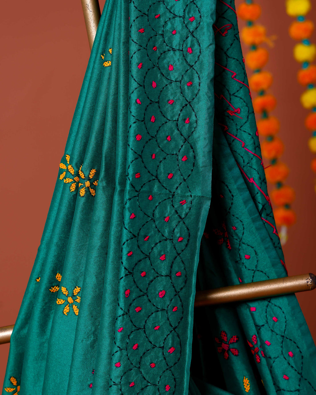 Elegant Kantha Work Saree with Intricate Geometric and Floral Embroidery - Teal