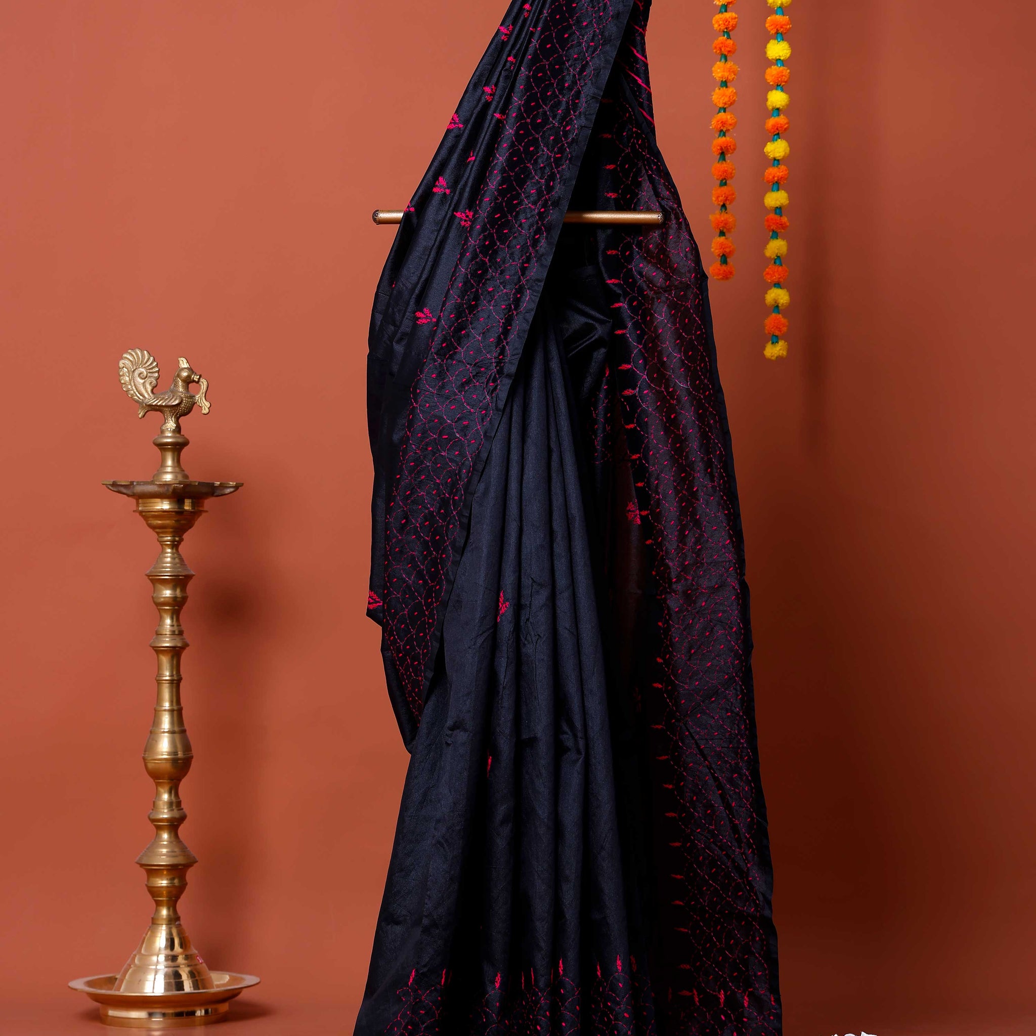 Elegant Kantha Work Saree with Intricate Geometric and Floral Embroidery - Black