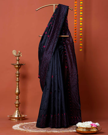 Elegant Kantha Work Saree with Intricate Geometric and Floral Embroidery - Black