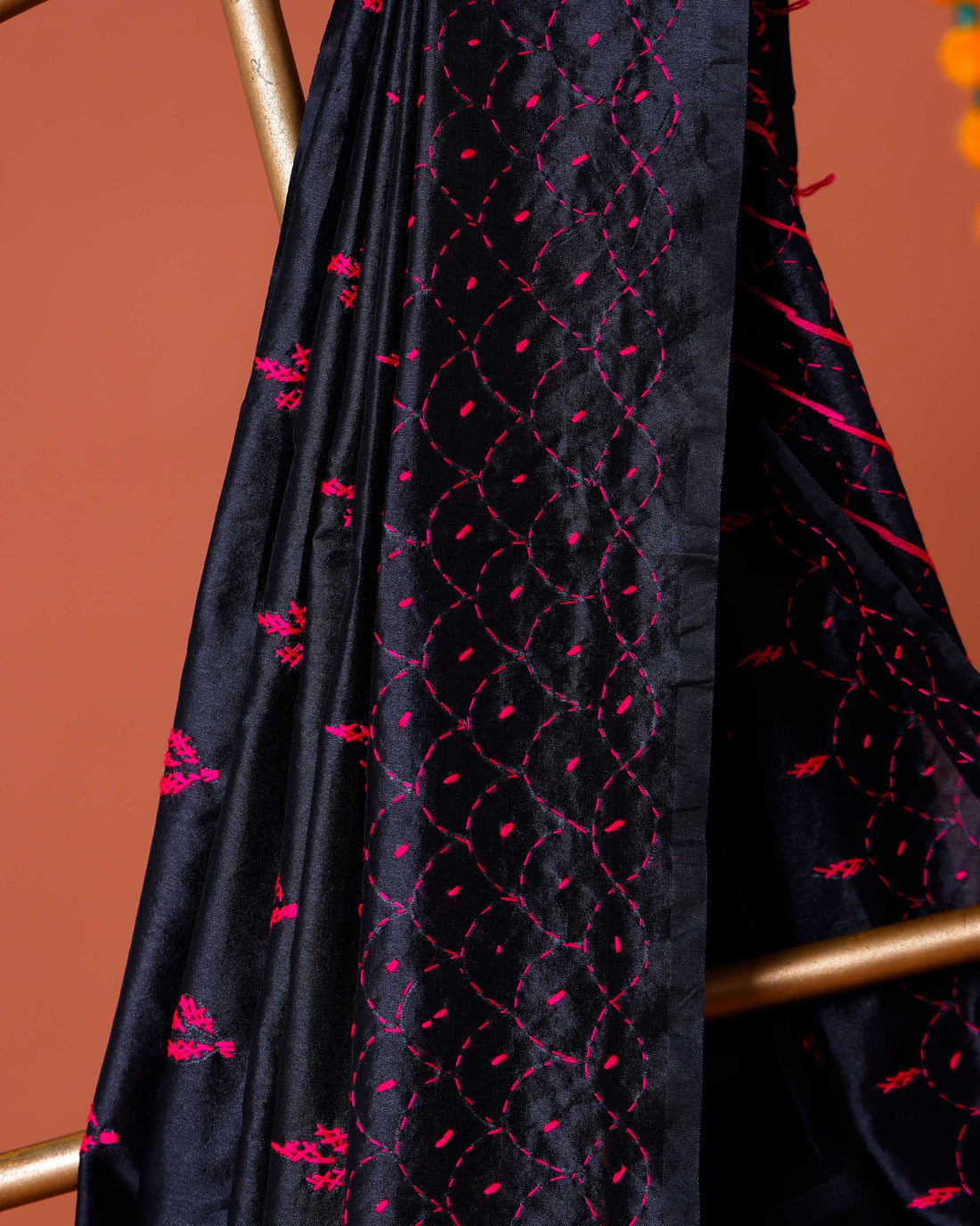 Elegant Kantha Work Saree with Intricate Geometric and Floral Embroidery - Black