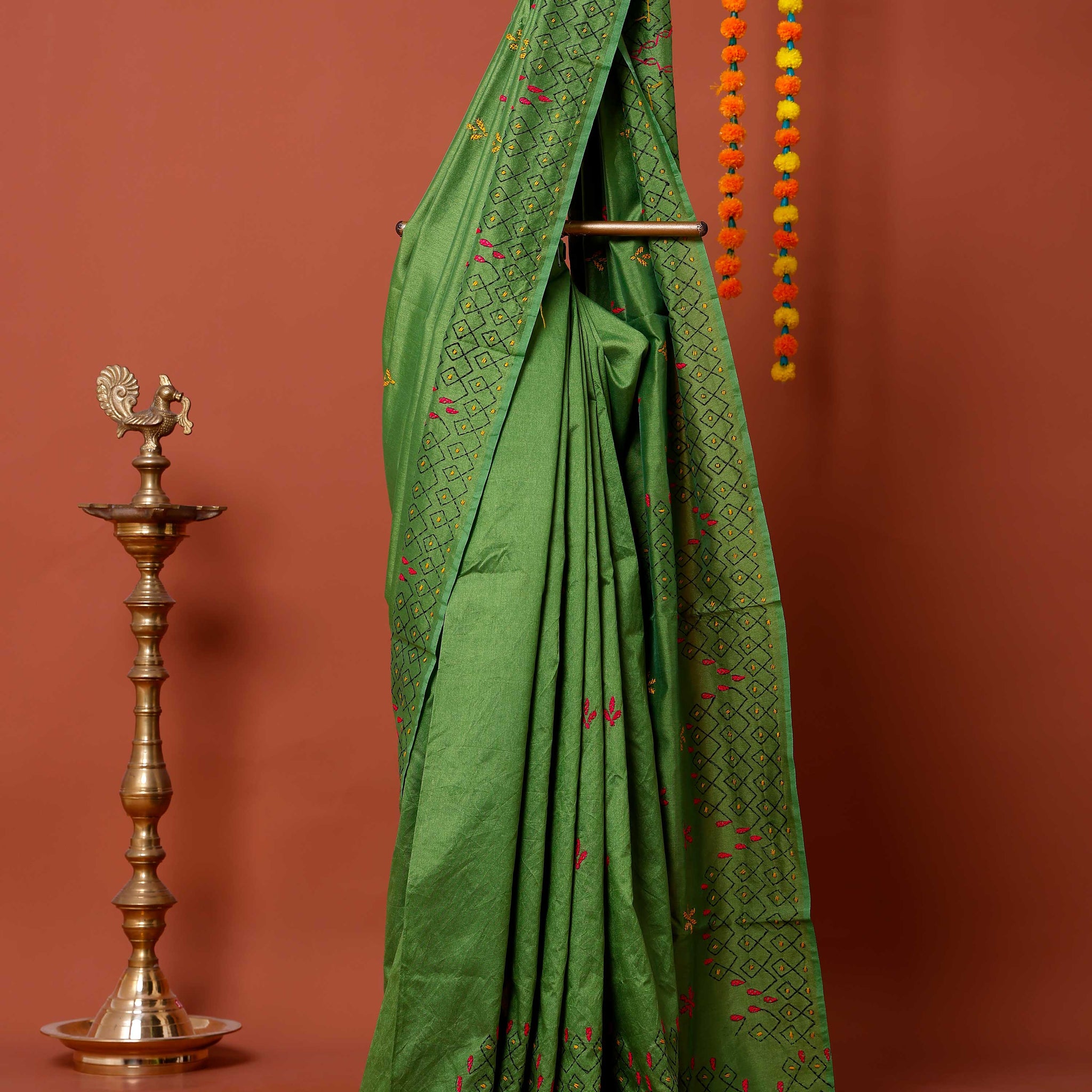 Elegant Kantha Work Saree with Intricate Geometric and Floral Embroidery - Green