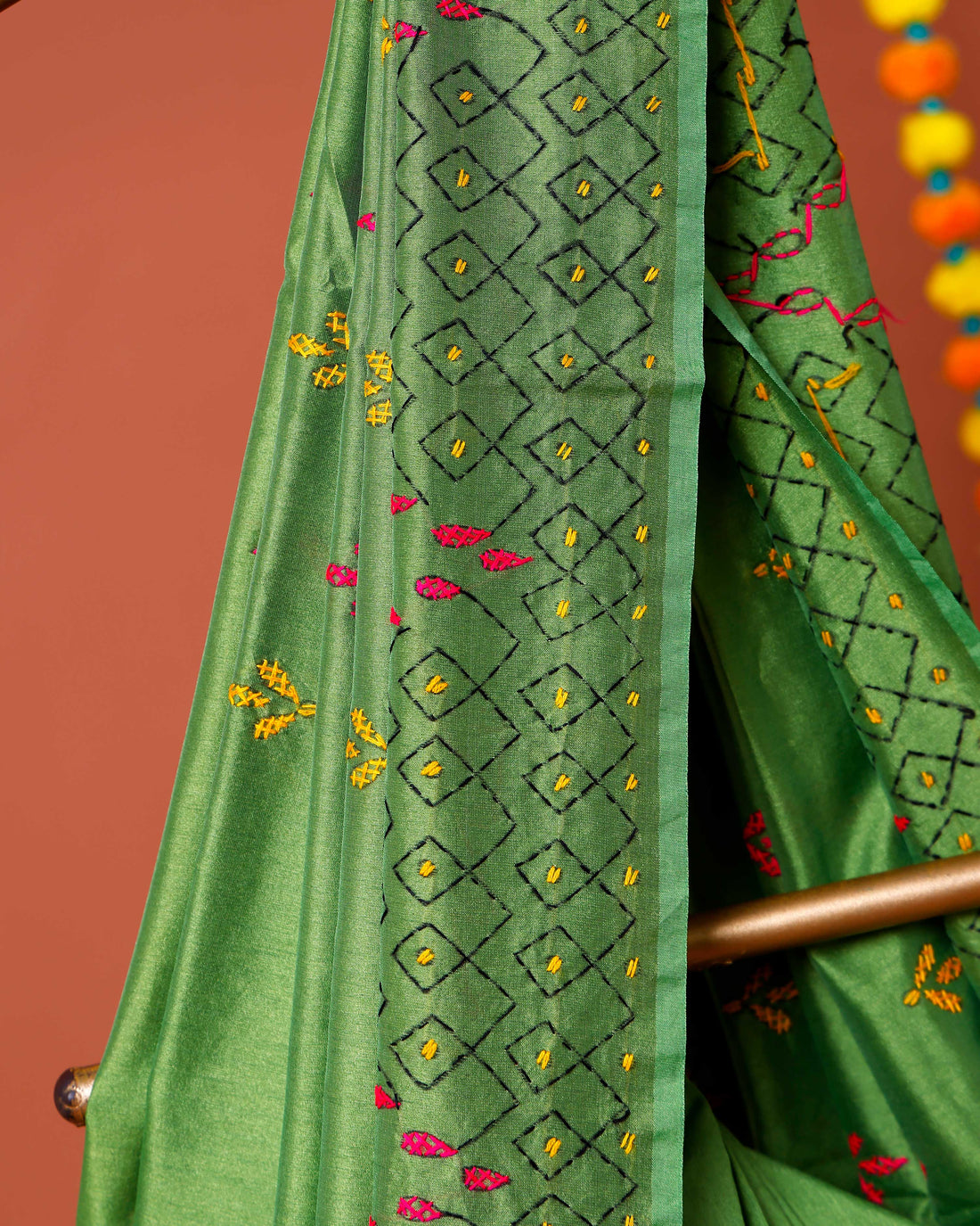 Elegant Kantha Work Saree with Intricate Geometric and Floral Embroidery - Green
