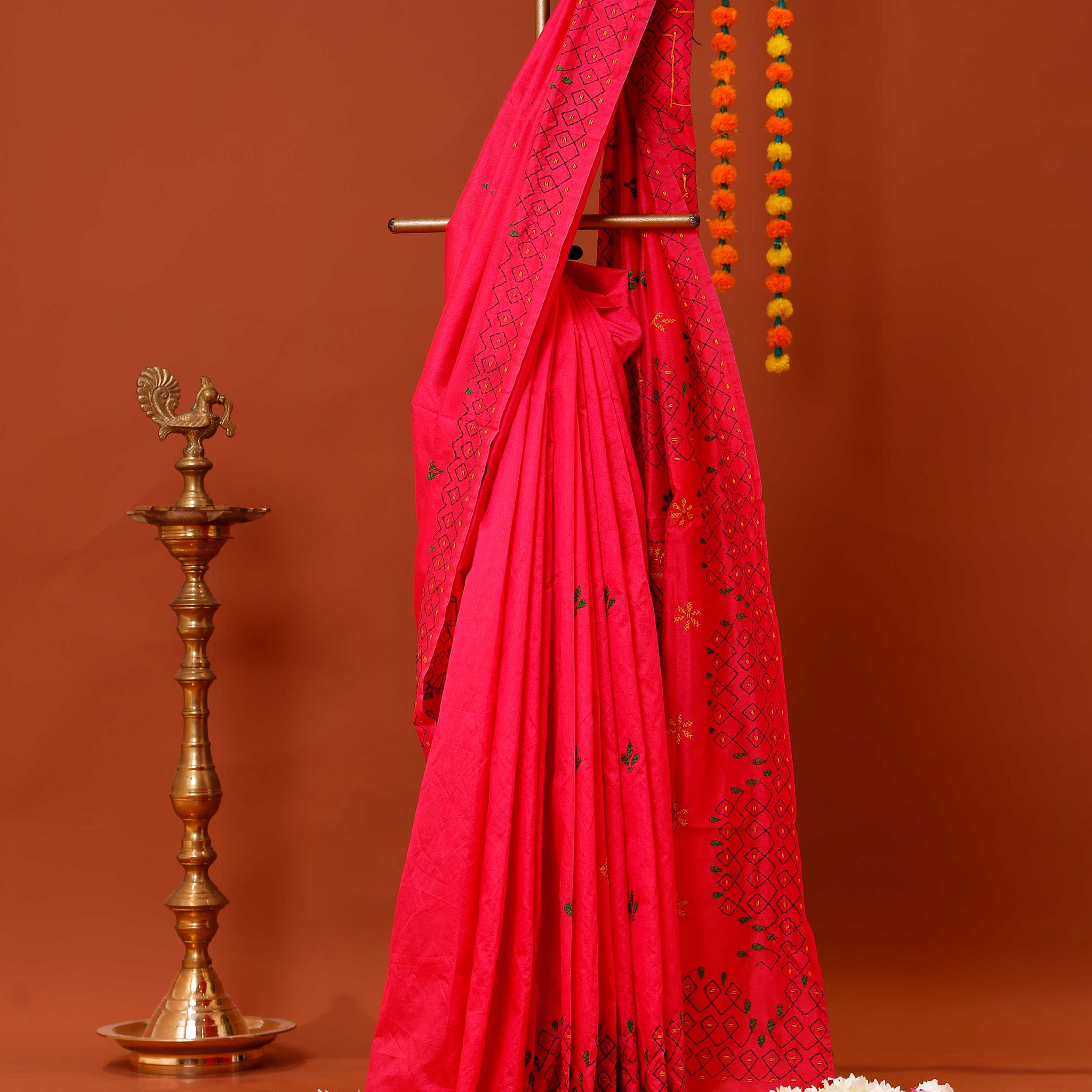 Elegant Kantha Work Saree with Intricate Geometric and Floral Embroidery - Pink