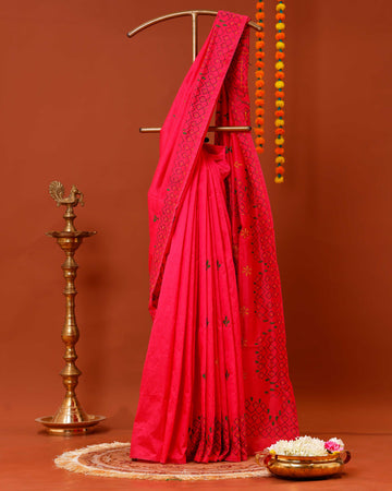 Elegant Kantha Work Saree with Intricate Geometric and Floral Embroidery - Pink