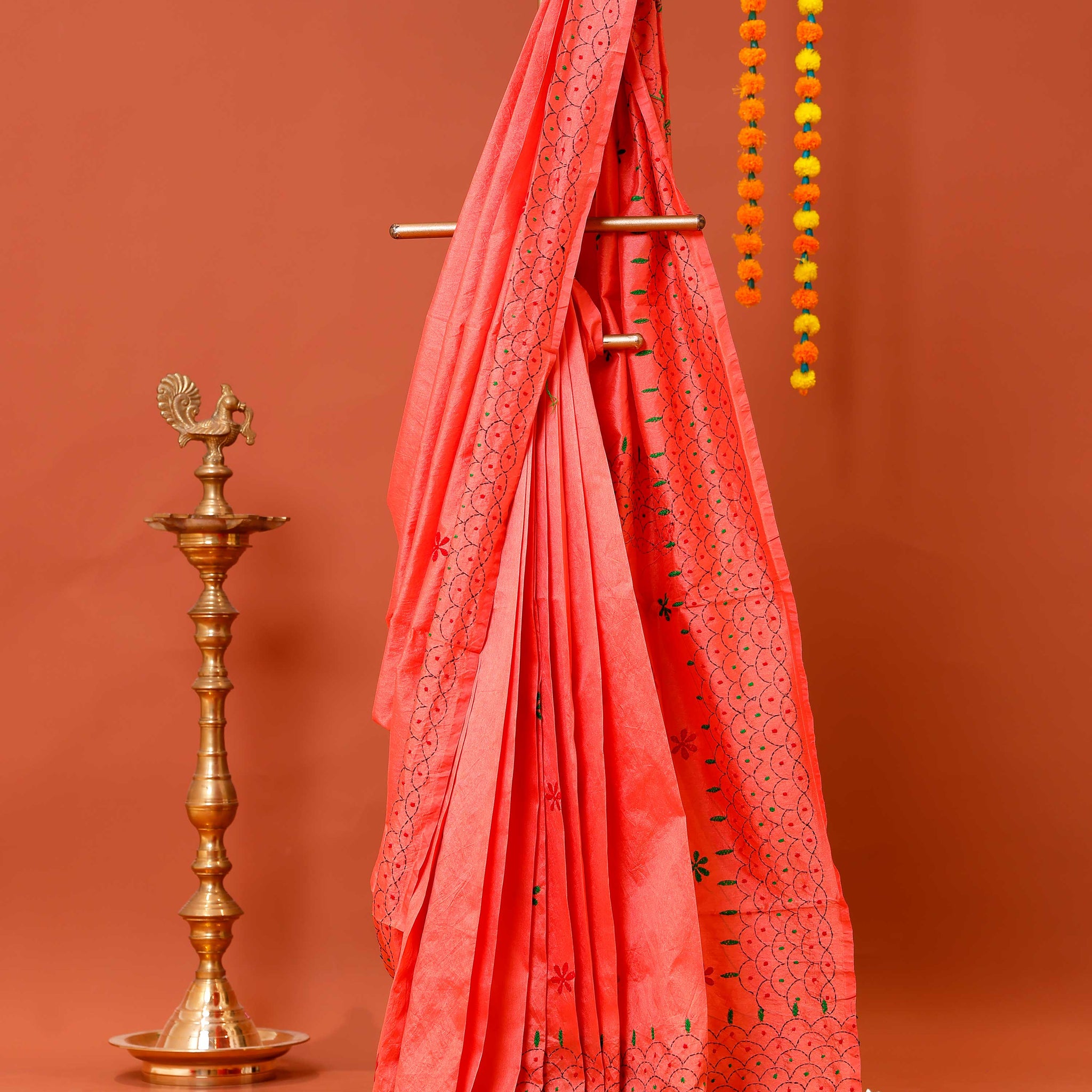 Elegant Kantha Work Saree with Intricate Geometric and Floral Embroidery - Peach