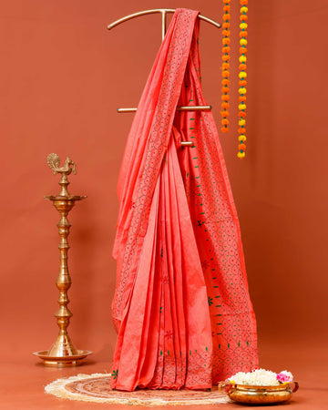Elegant Kantha Work Saree with Intricate Geometric and Floral Embroidery - Peach