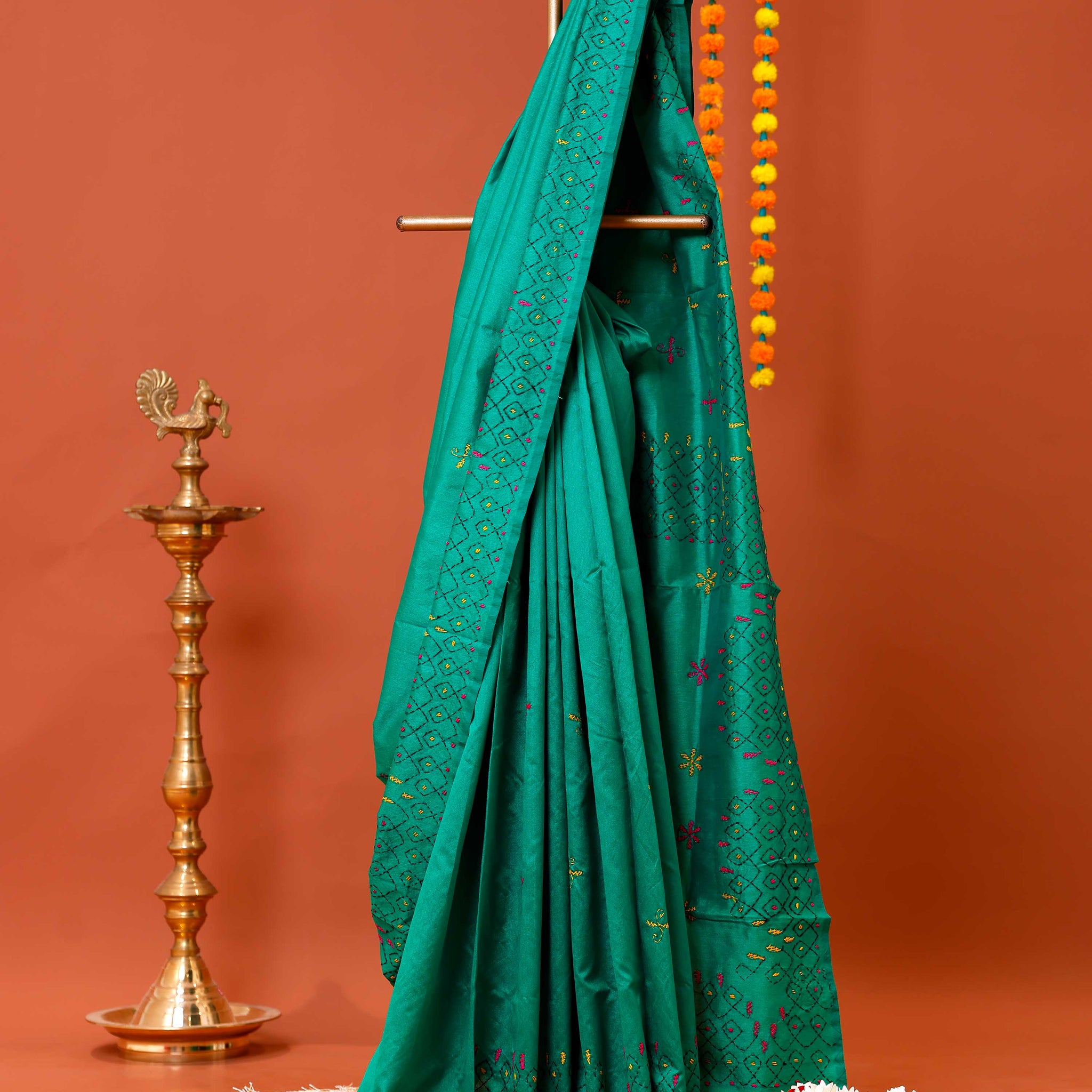 Elegant Kantha Work Saree with Intricate Geometric and Floral Embroidery - Teal
