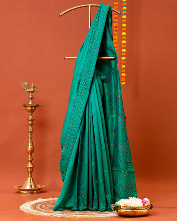 Elegant Kantha Work Saree with Intricate Geometric and Floral Embroidery - Teal