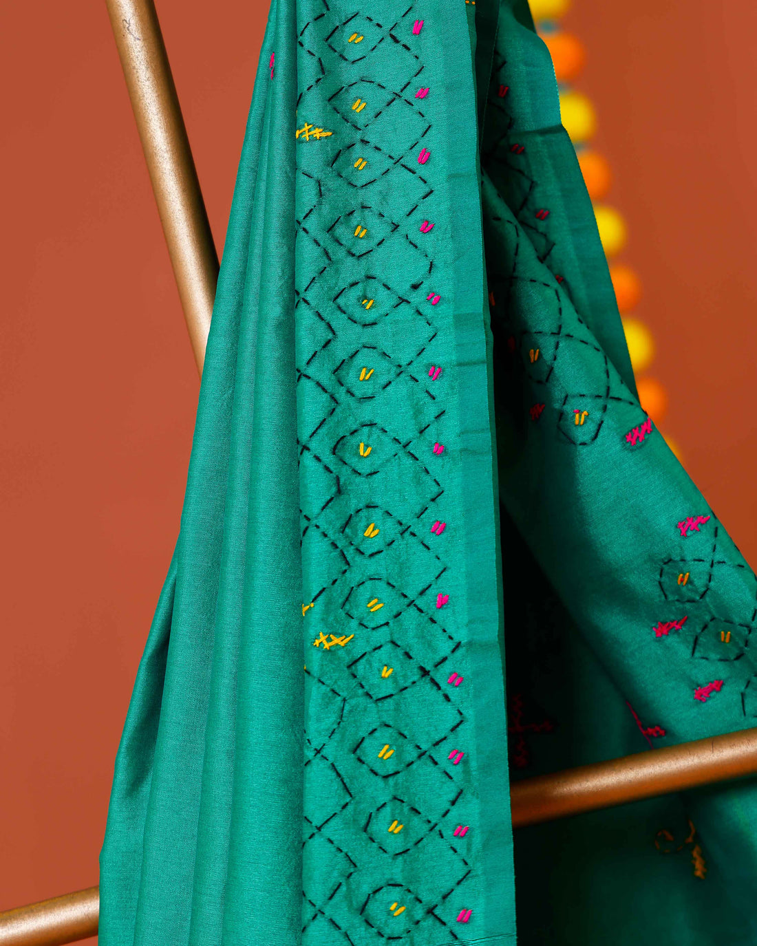 Elegant Kantha Work Saree with Intricate Geometric and Floral Embroidery - Teal