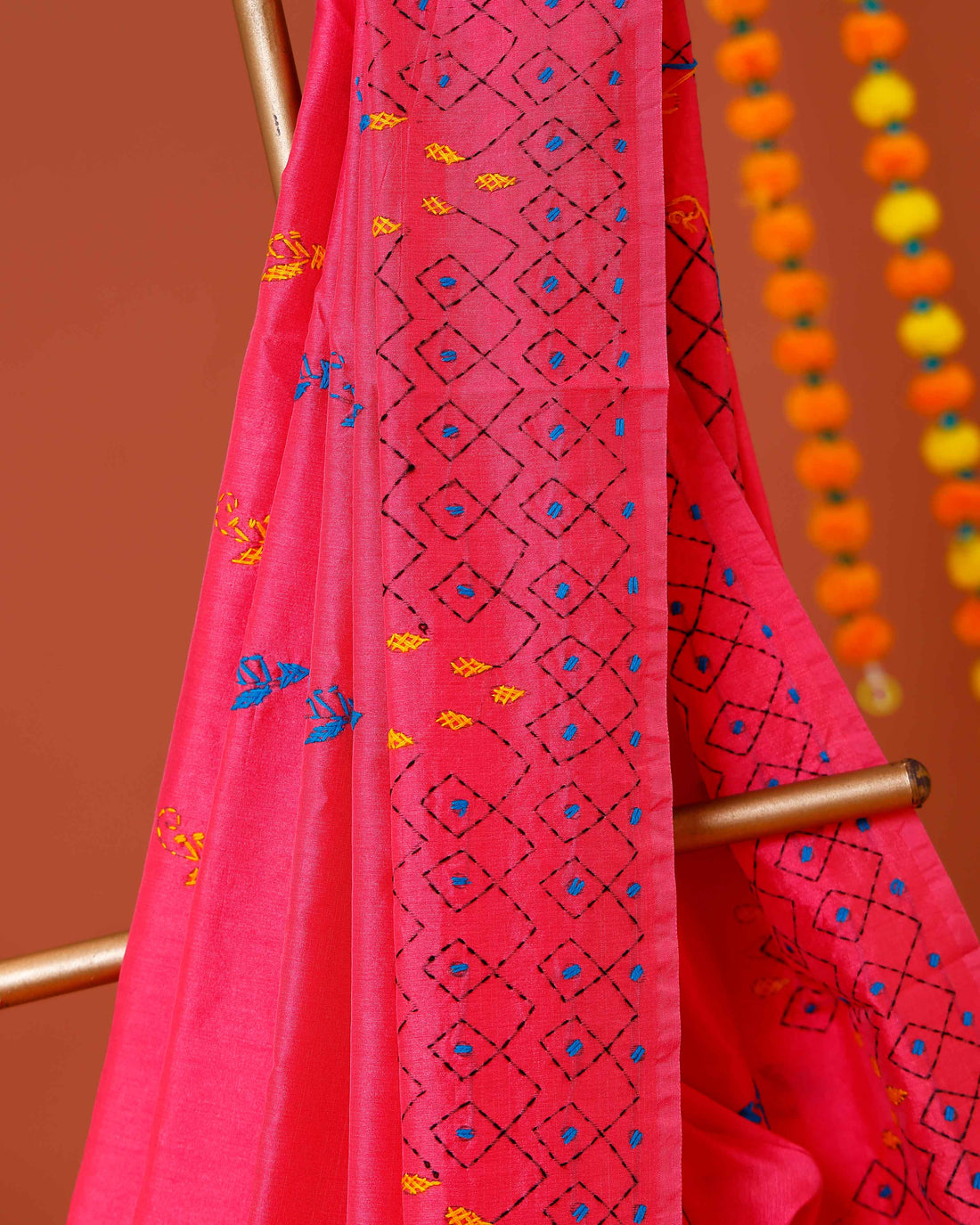 Elegant Kantha Work Saree with Intricate Geometric and Floral Embroidery - Pink